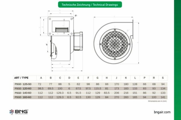 Radialgebläse Radialventilator Radiallüfter Blechgehäuse div Größen + Regler-technincal drawings